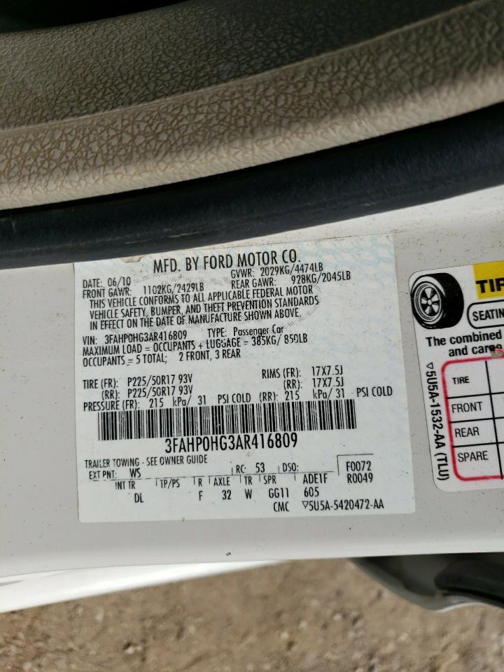 2010 Ford Fusion Se VIN: 3FAHP0HG3AR416809 Lot: 65522004