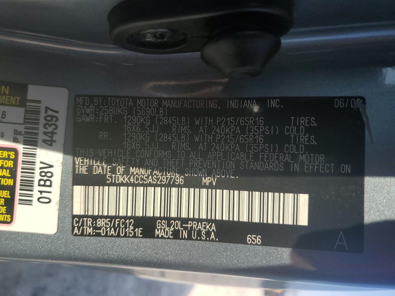 5TDKK4CC5AS297796 2010 Toyota Sienna Ce