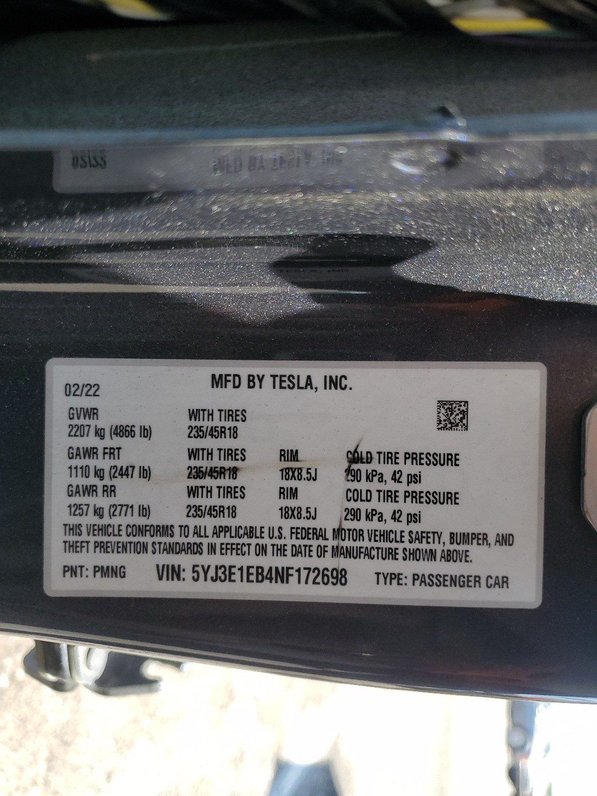 5YJ3E1EB4NF172698 2022 Tesla Model 3