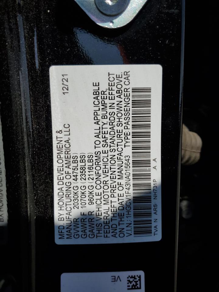 1HGCV1F43NA015643 2022 Honda Accord Sport Se