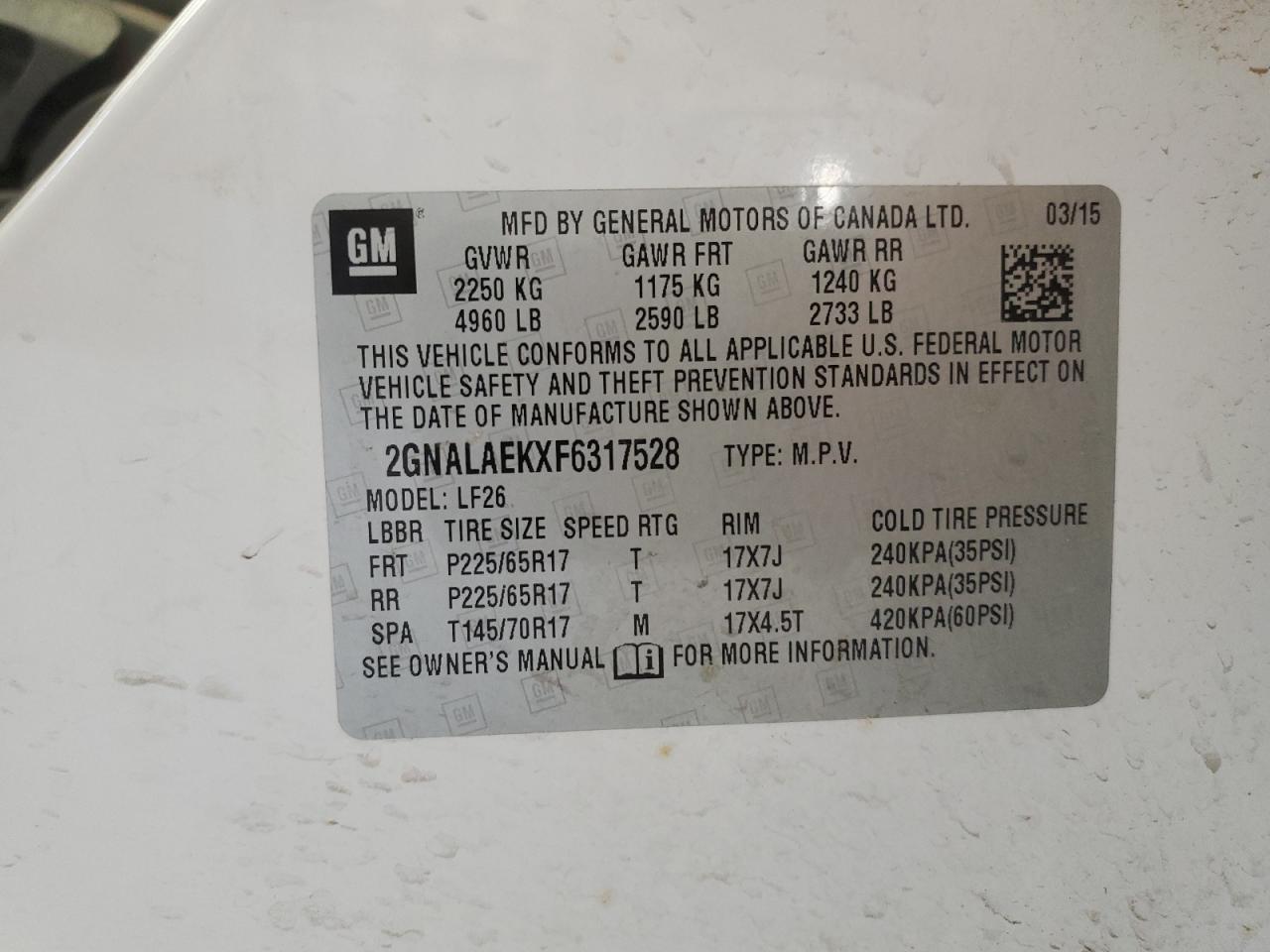 2GNALAEKXF6317528 2015 Chevrolet Equinox Ls