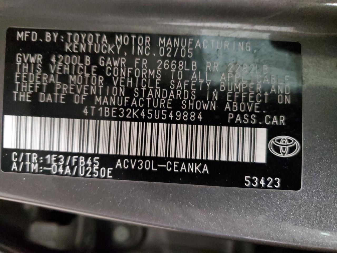 2005 Toyota Camry Le VIN: 4T1BE32K45U549884 Lot: 66584964