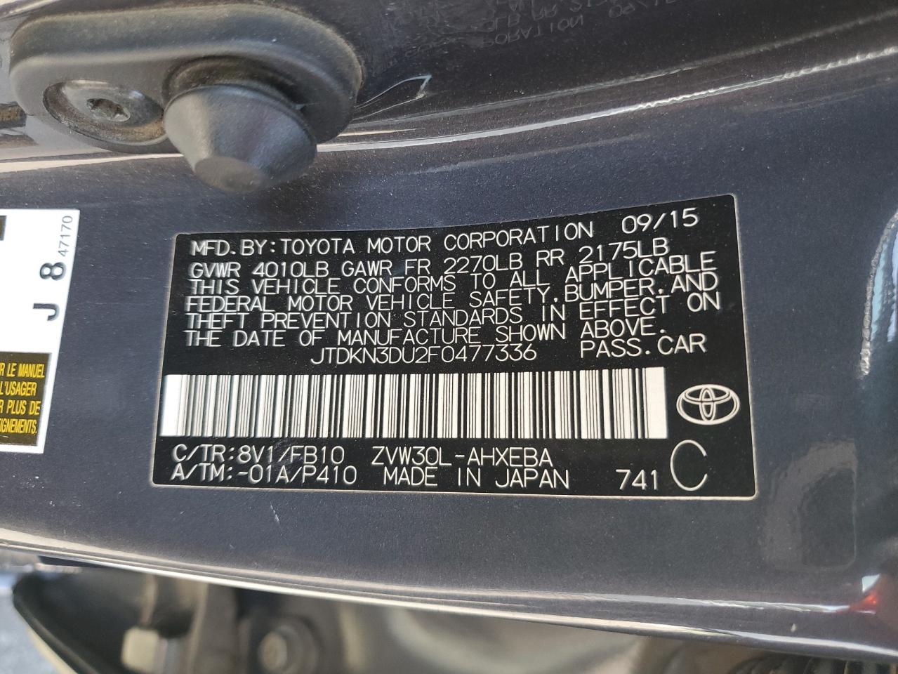 JTDKN3DU2F0477336 2015 Toyota Prius