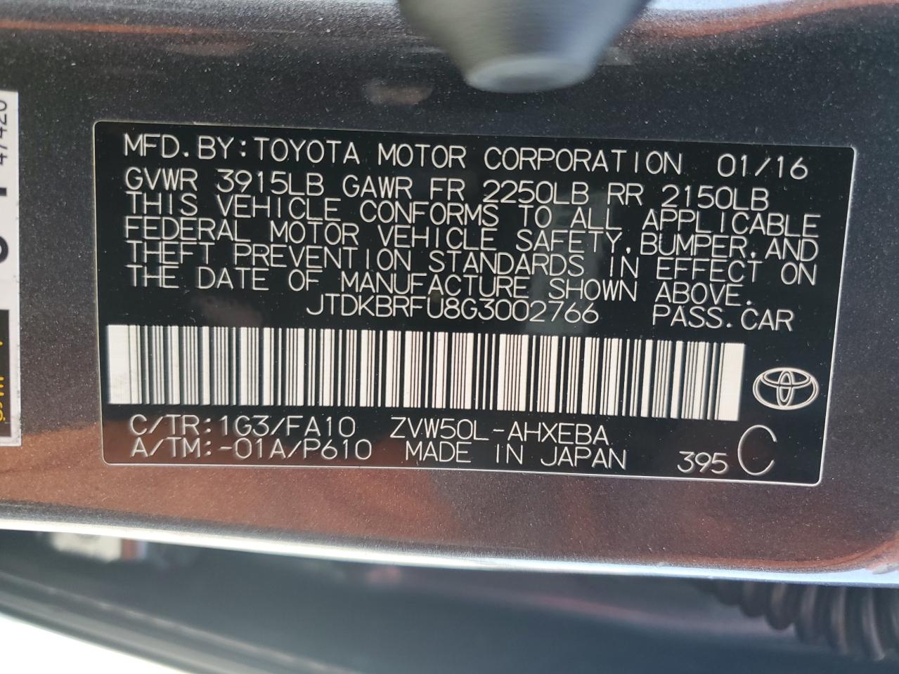 JTDKBRFU8G3002766 2016 Toyota Prius