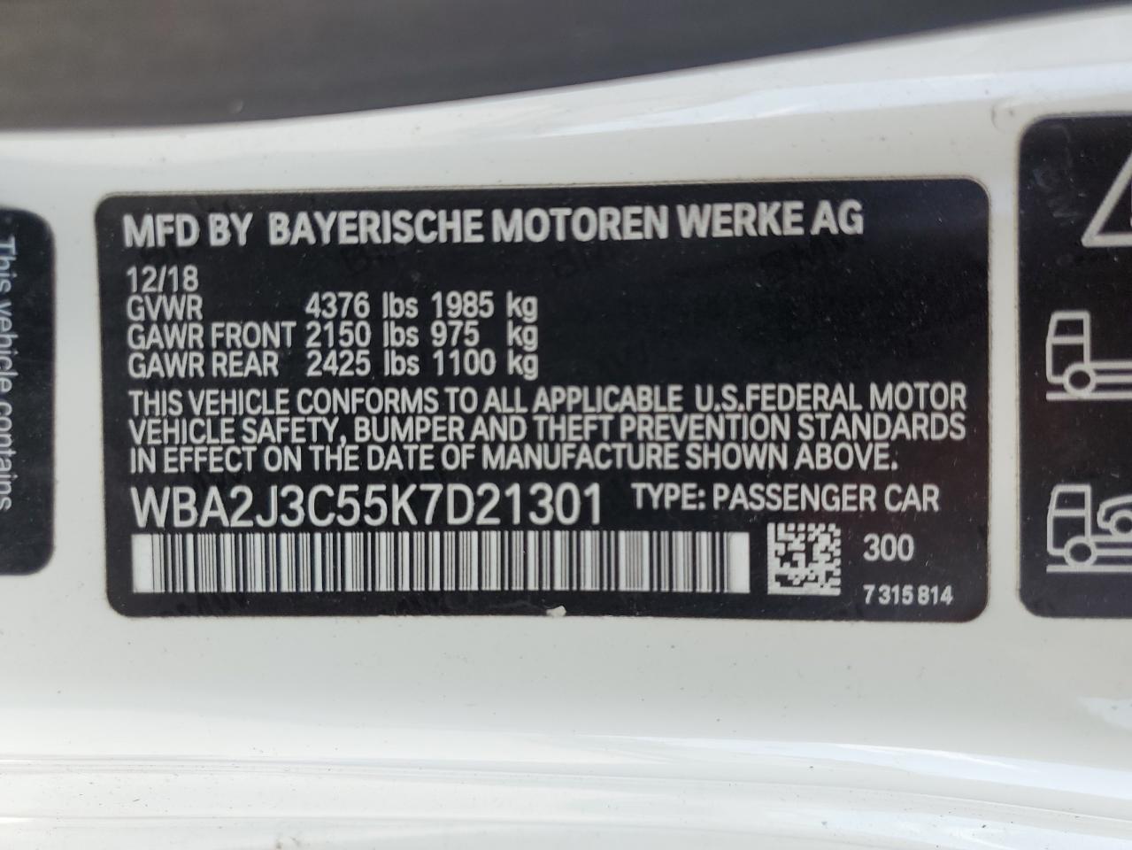 2019 BMW 230Xi VIN: WBA2J3C55K7D21301 Lot: 66929174