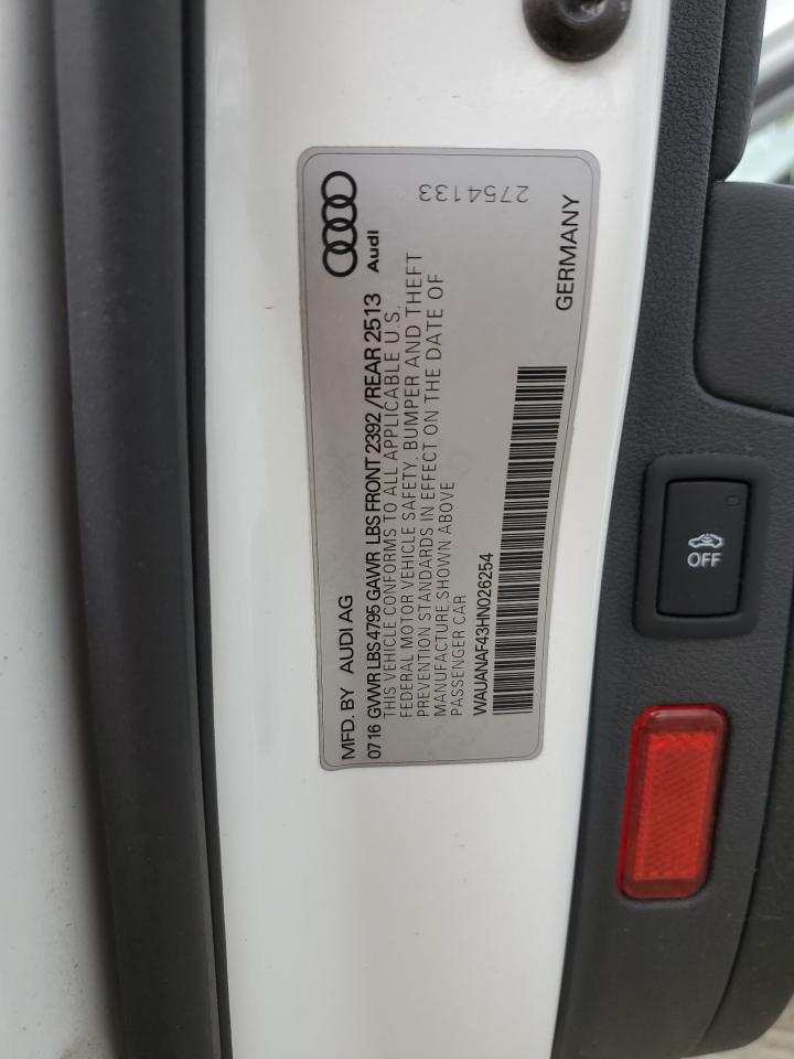 2017 Audi A4 Premium VIN: WAUANAF43HN026254 Lot: 65854074