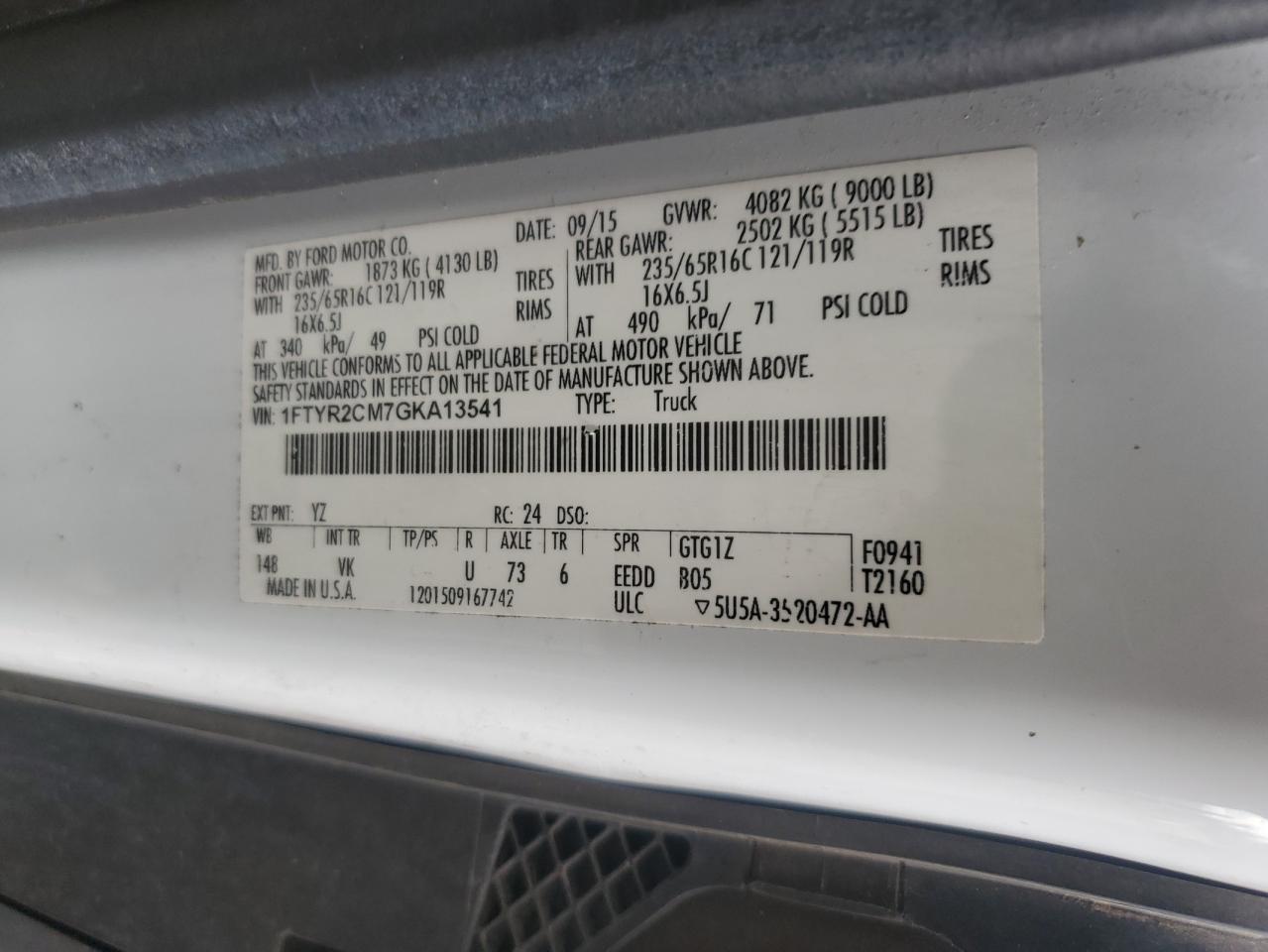 2016 Ford Transit T-250 VIN: 1FTYR2CM7GKA13541 Lot: 69456524