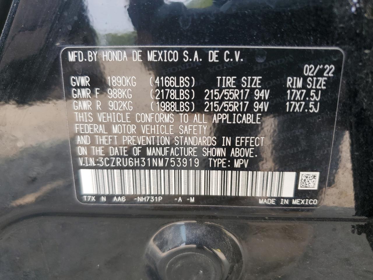 2022 Honda Hr-V Lx VIN: 3CZRU6H31NM753919 Lot: 67669594