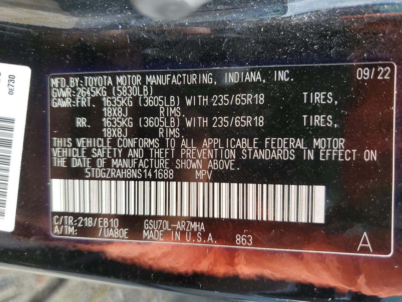 2022 Toyota Highlander Xle VIN: 5TDGZRAH8NS141688 Lot: 67157094