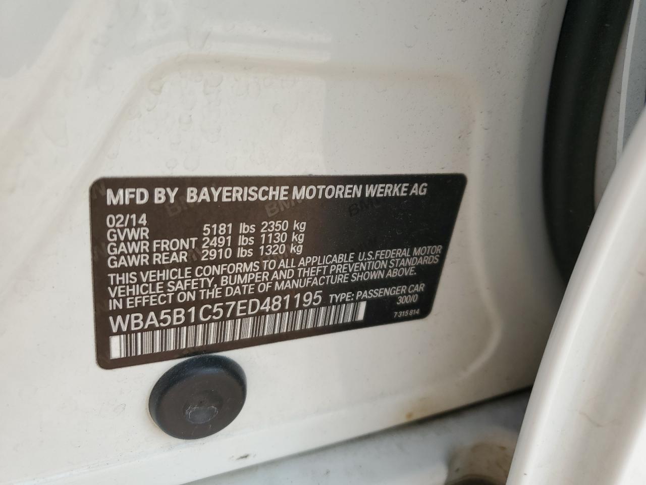 2014 BMW 535 I VIN: WBA5B1C57ED481195 Lot: 65649934