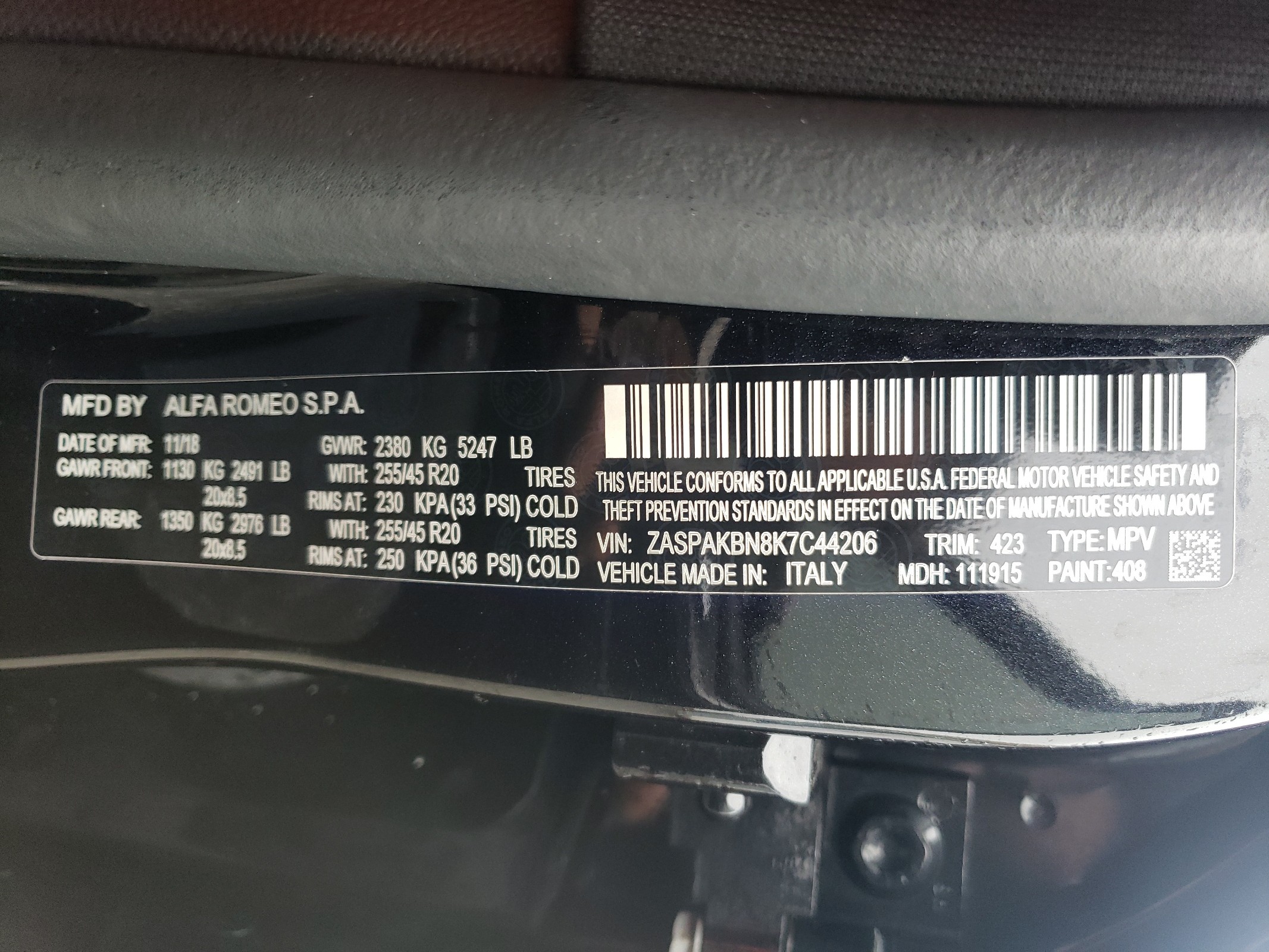 ZASPAKBN8K7C44206 2019 Alfa Romeo Stelvio Ti