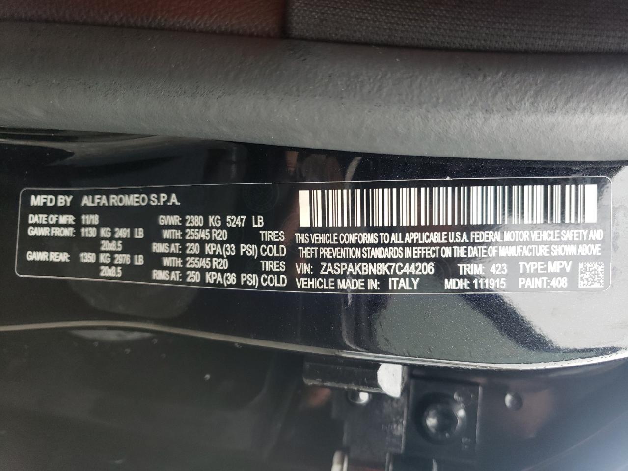 2019 Alfa Romeo Stelvio Ti VIN: ZASPAKBN8K7C44206 Lot: 68037854