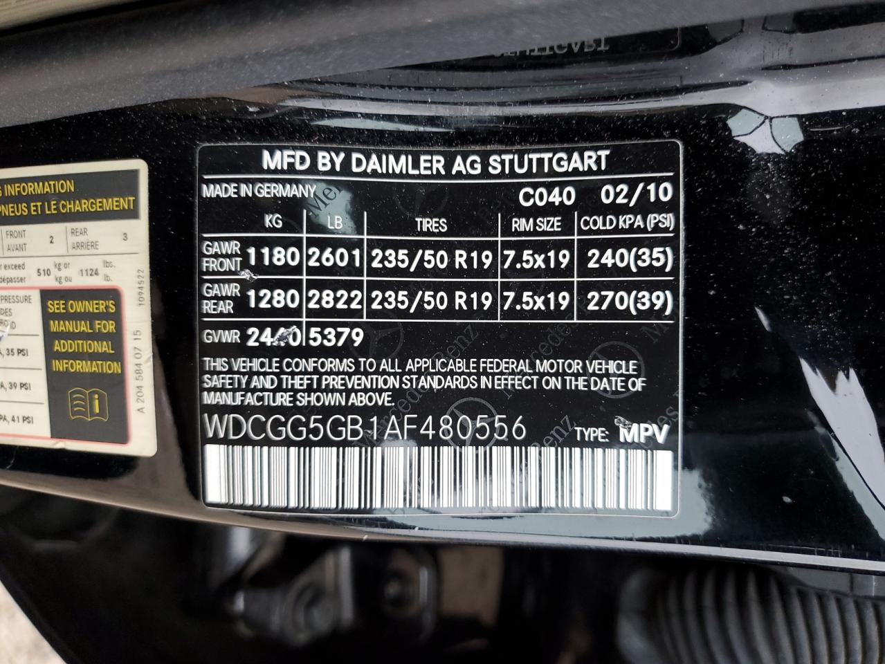 WDCGG5GB1AF480556 2010 Mercedes-Benz Glk 350