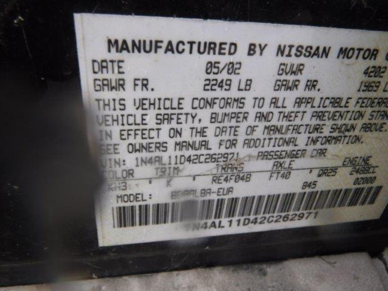 2002 Nissan Altima Base VIN: 1N4AL11D42C262971 Lot: 68662704