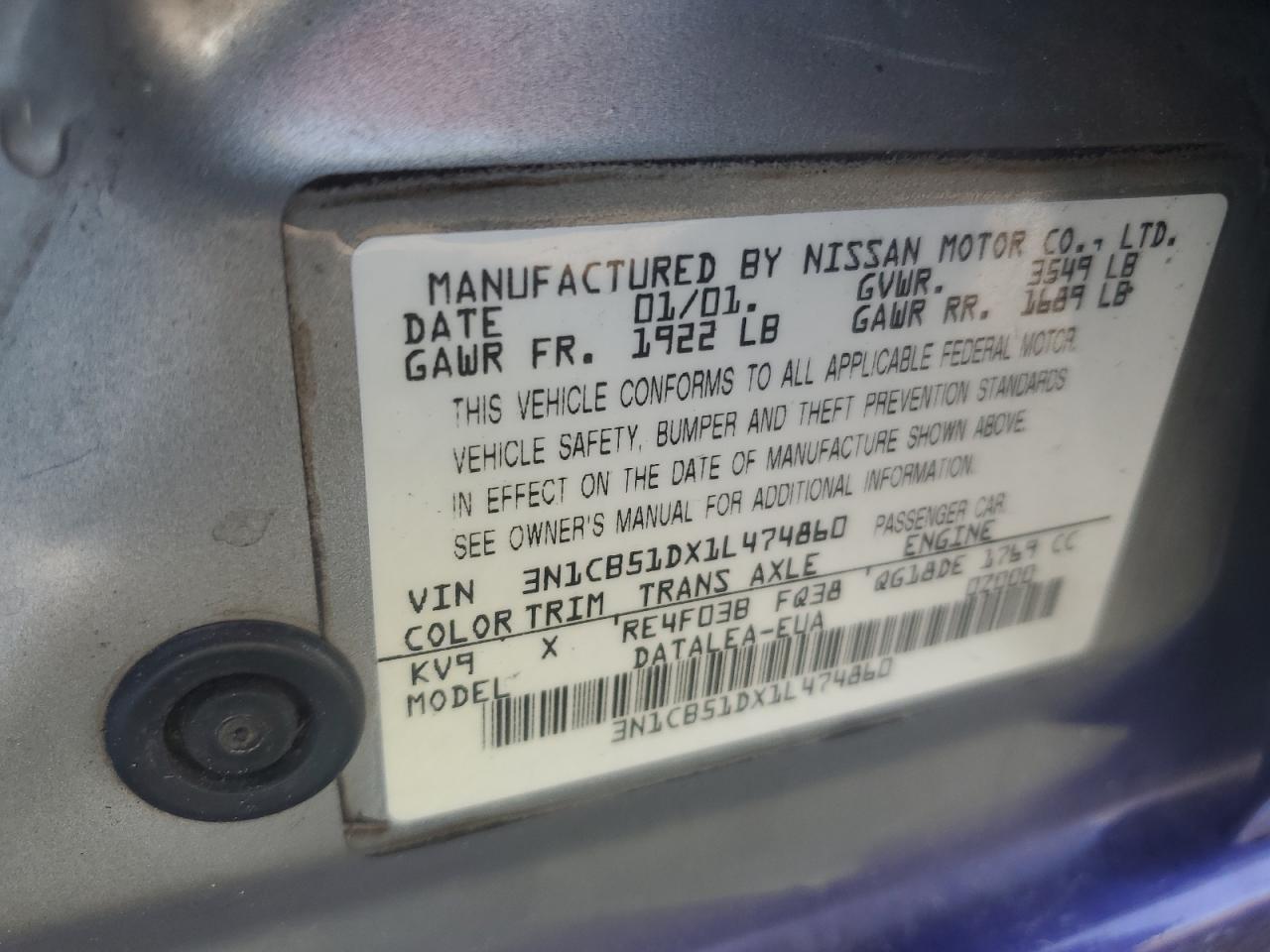 2001 Nissan Sentra Xe VIN: 3N1CB51DX1L474860 Lot: 65555044