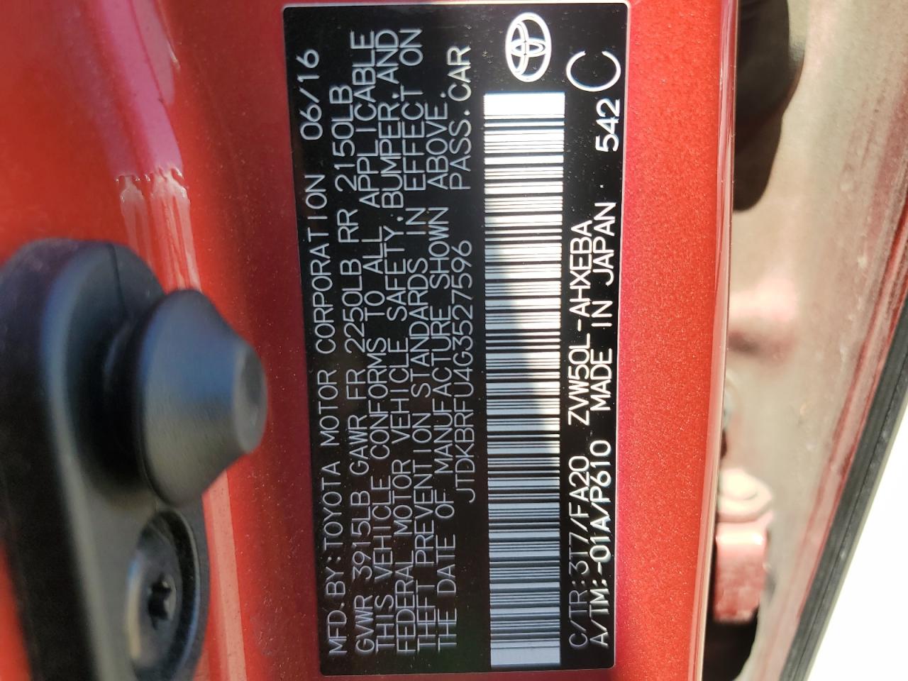 2016 Toyota Prius VIN: JTDKBRFU4G3527596 Lot: 67793294