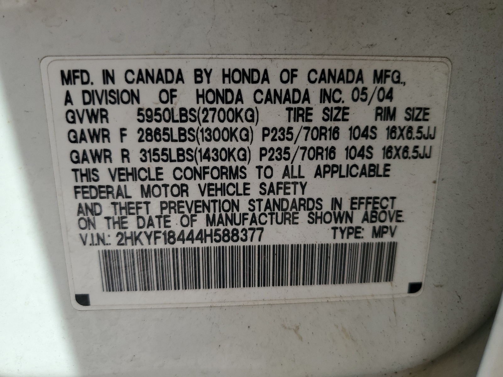 2HKYF18444H588377 2004 Honda Pilot Ex