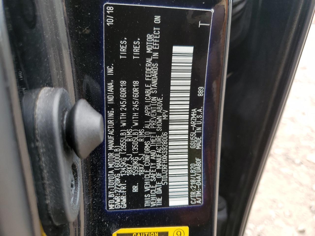 2019 Toyota Highlander Se VIN: 5TDJZRFHXKS928006 Lot: 68410344