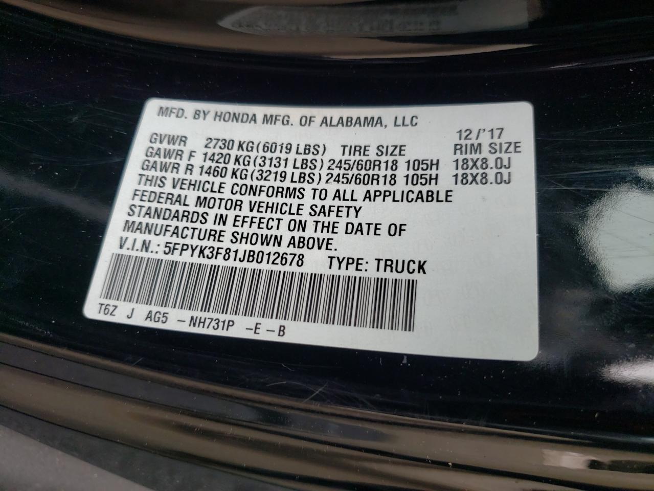 2018 Honda Ridgeline Black Edition VIN: 5FPYK3F81JB012678 Lot: 69133224