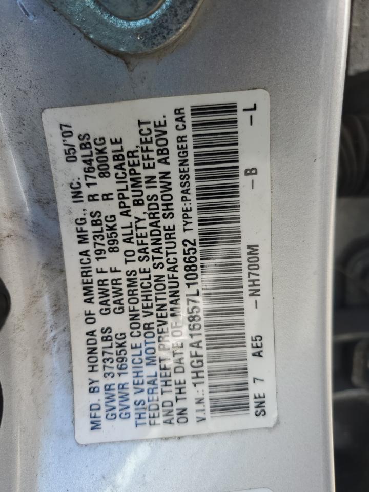 2007 Honda Civic Ex VIN: 1HGFA16857L108652 Lot: 69218024