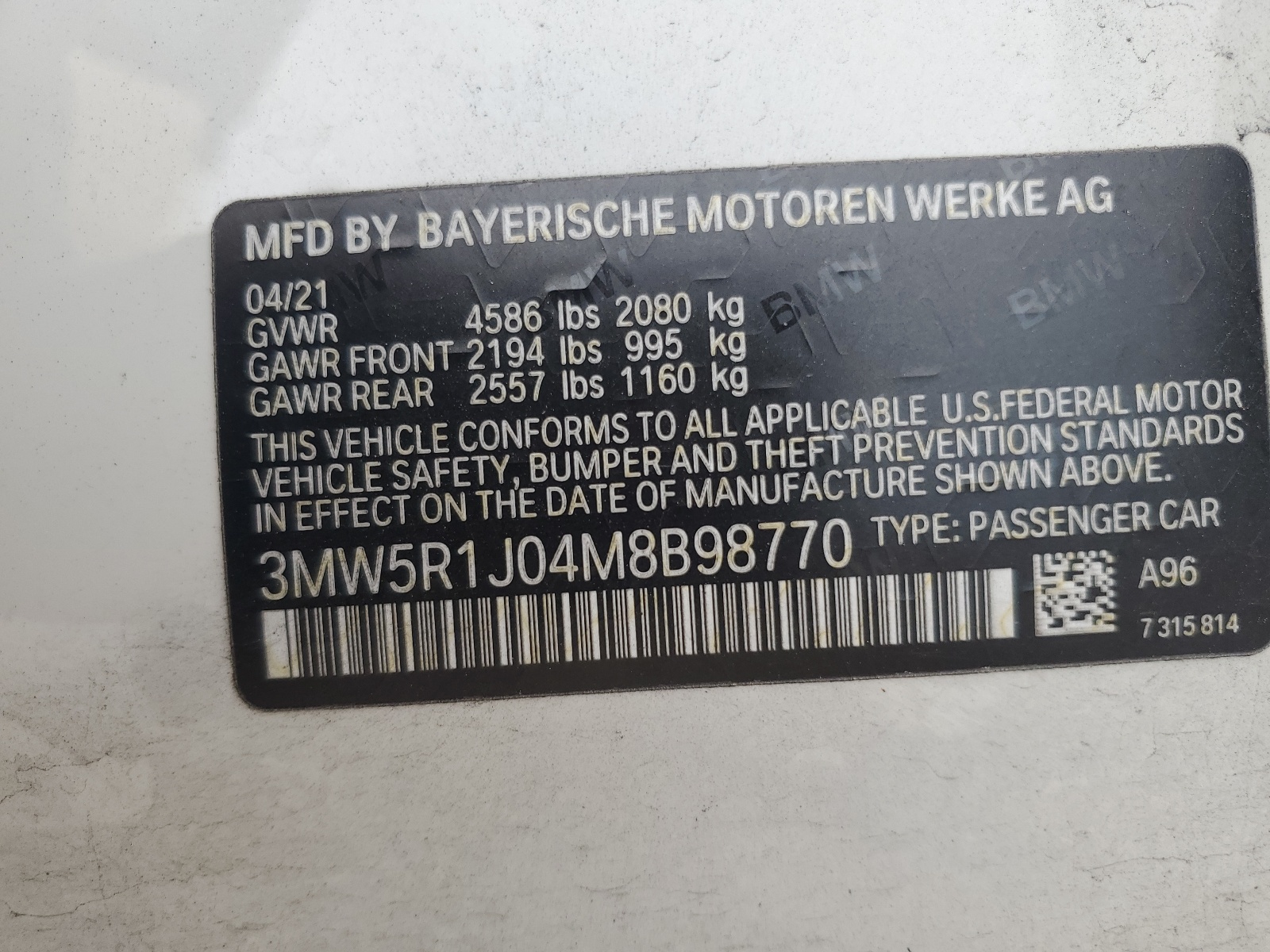 3MW5R1J04M8B98770 2021 BMW 330I