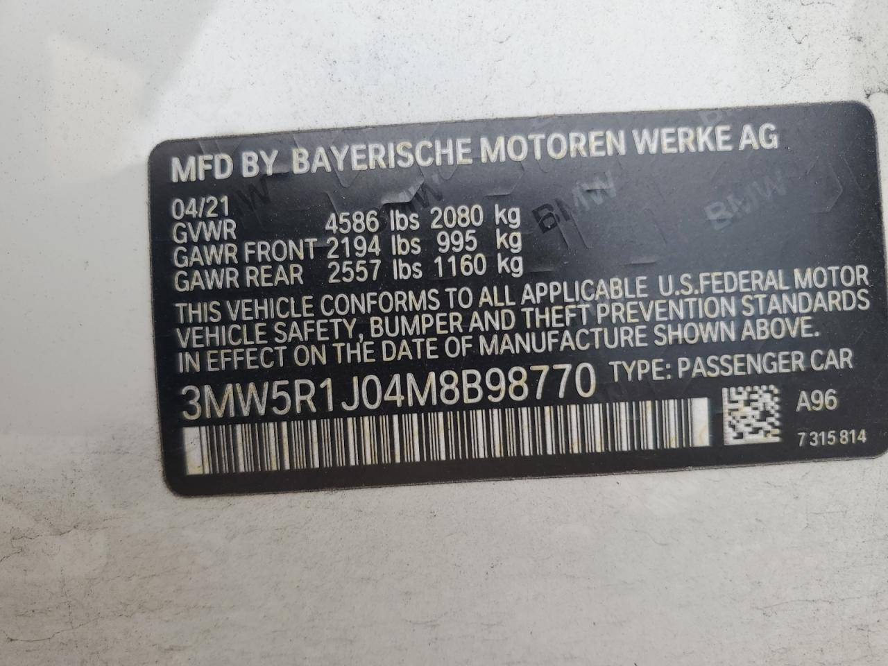 2021 BMW 330I VIN: 3MW5R1J04M8B98770 Lot: 66060894