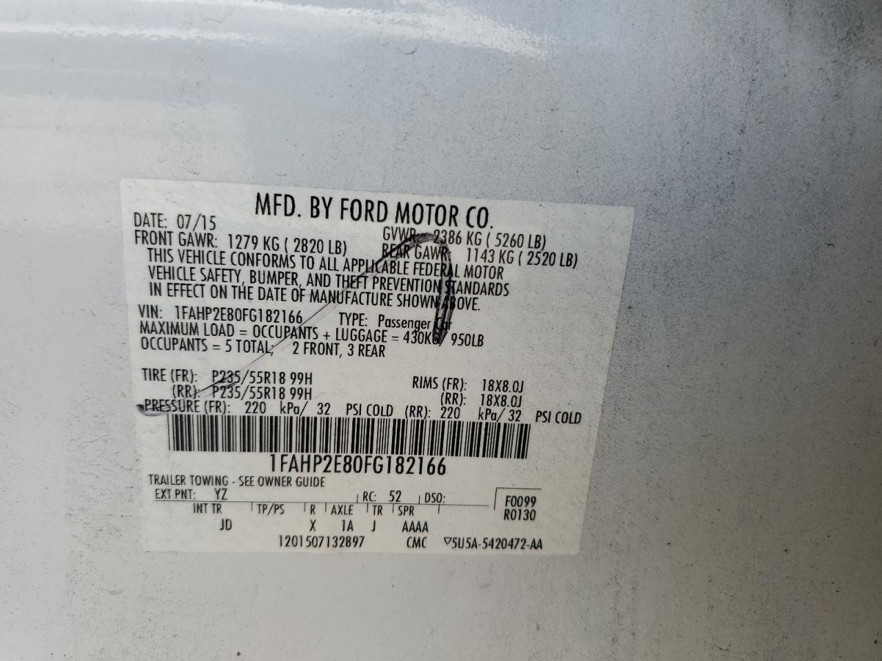 1FAHP2E80FG182166 2015 Ford Taurus Sel