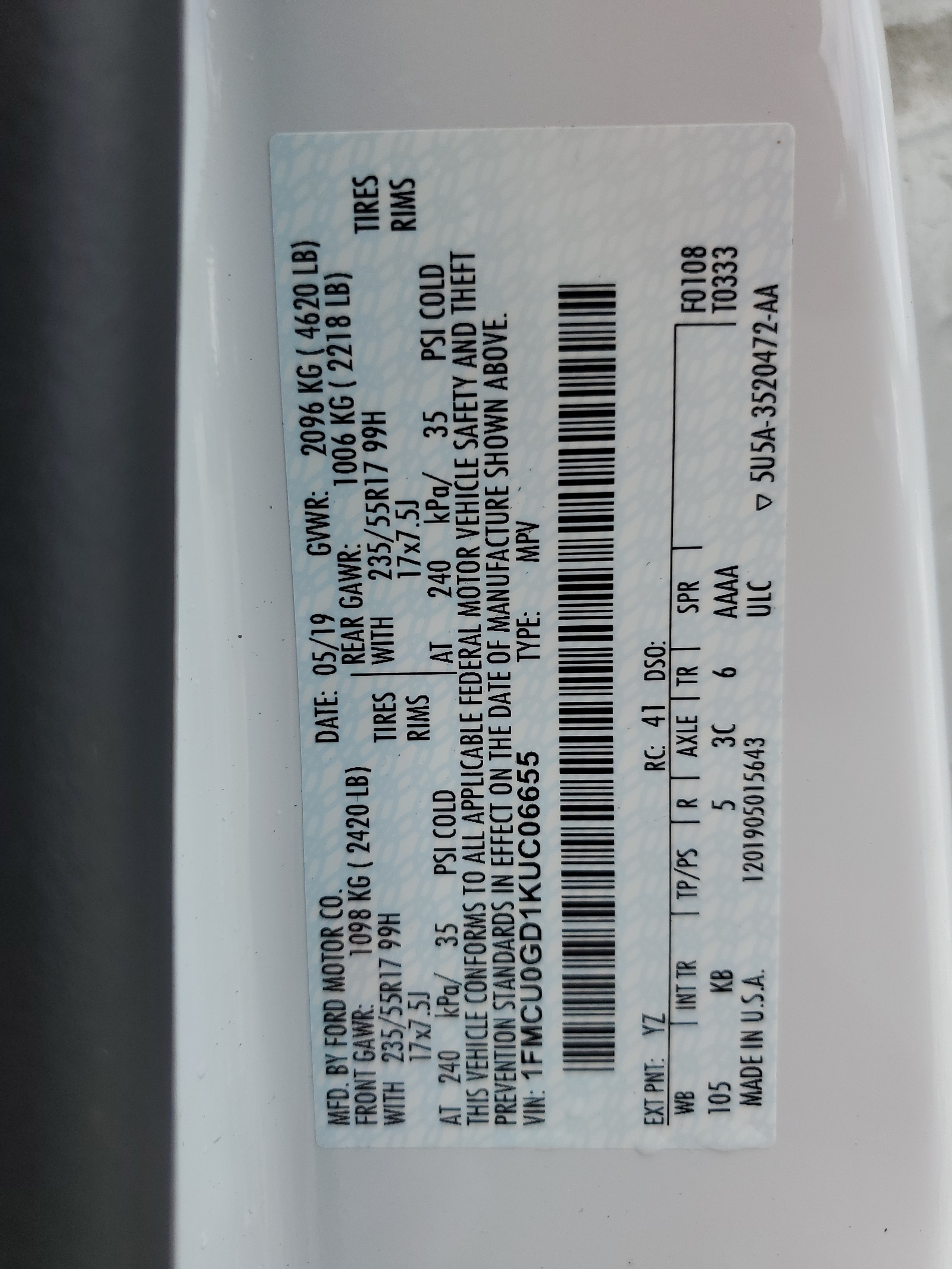 1FMCU0GD1KUC06655 2019 Ford Escape Se