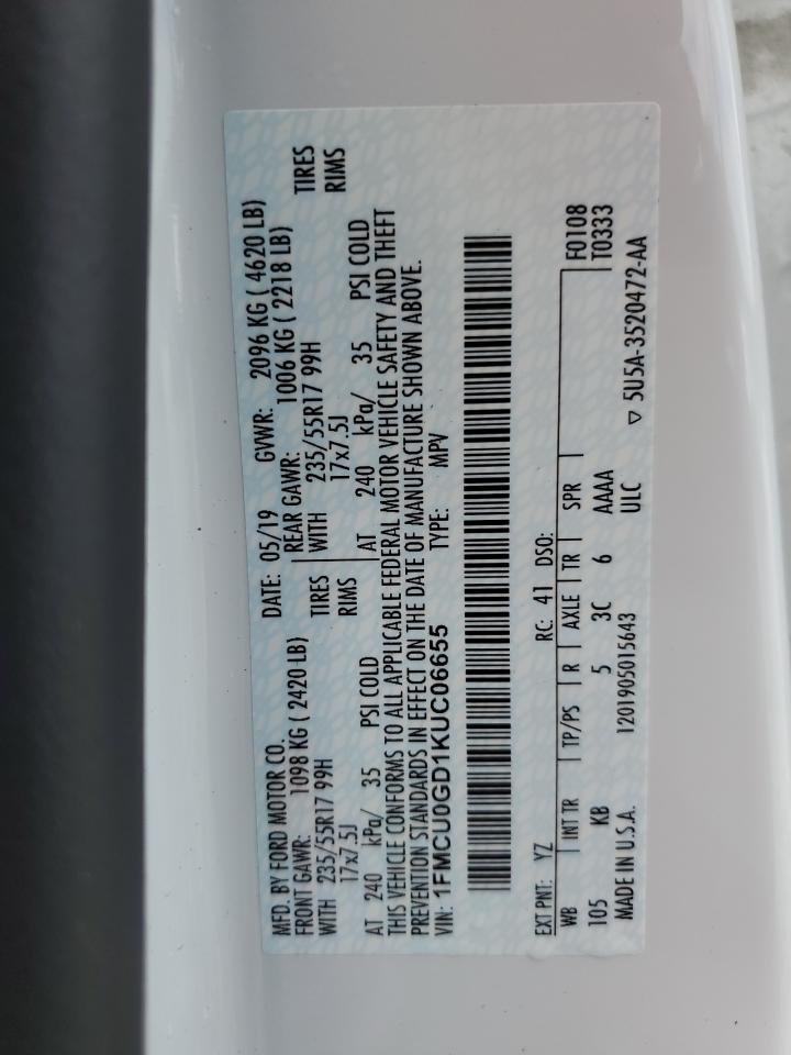 2019 Ford Escape Se VIN: 1FMCU0GD1KUC06655 Lot: 66433494