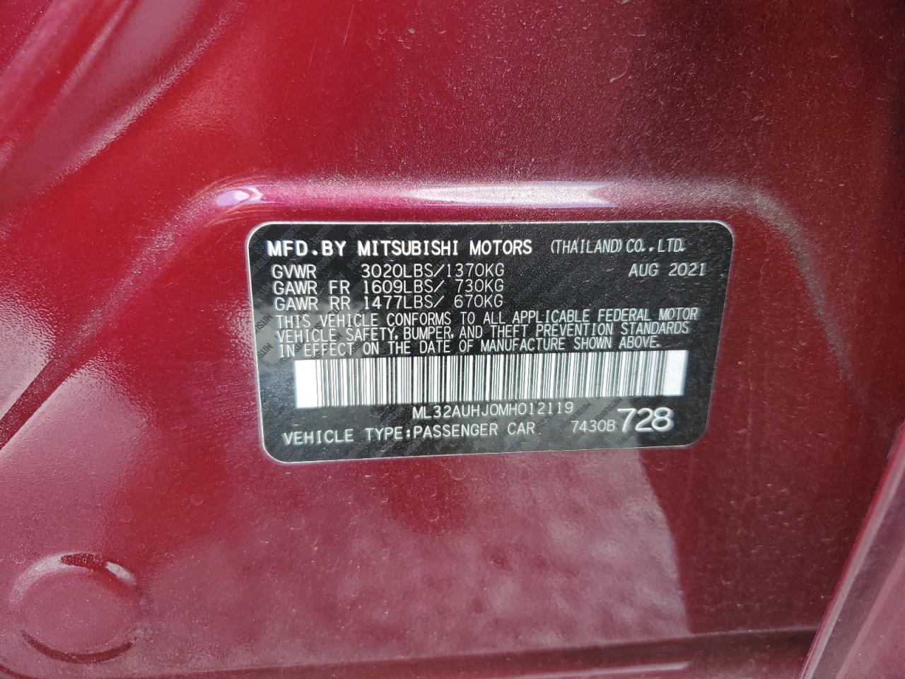 2021 Mitsubishi Mirage Es VIN: ML32AUHJ0MH012119 Lot: 66688944