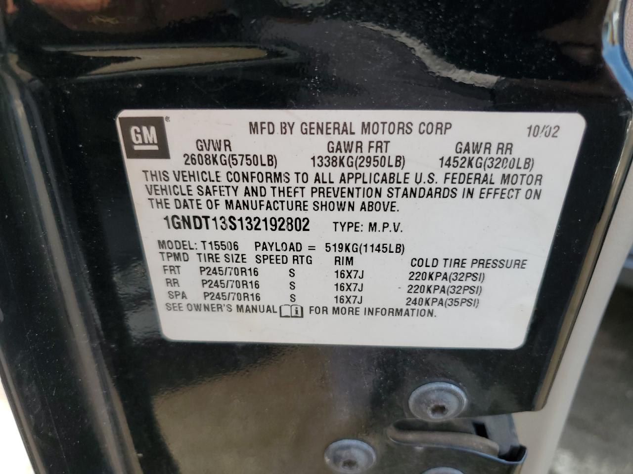 2003 Chevrolet Trailblazer VIN: 1GNDT13S132192802 Lot: 65982734