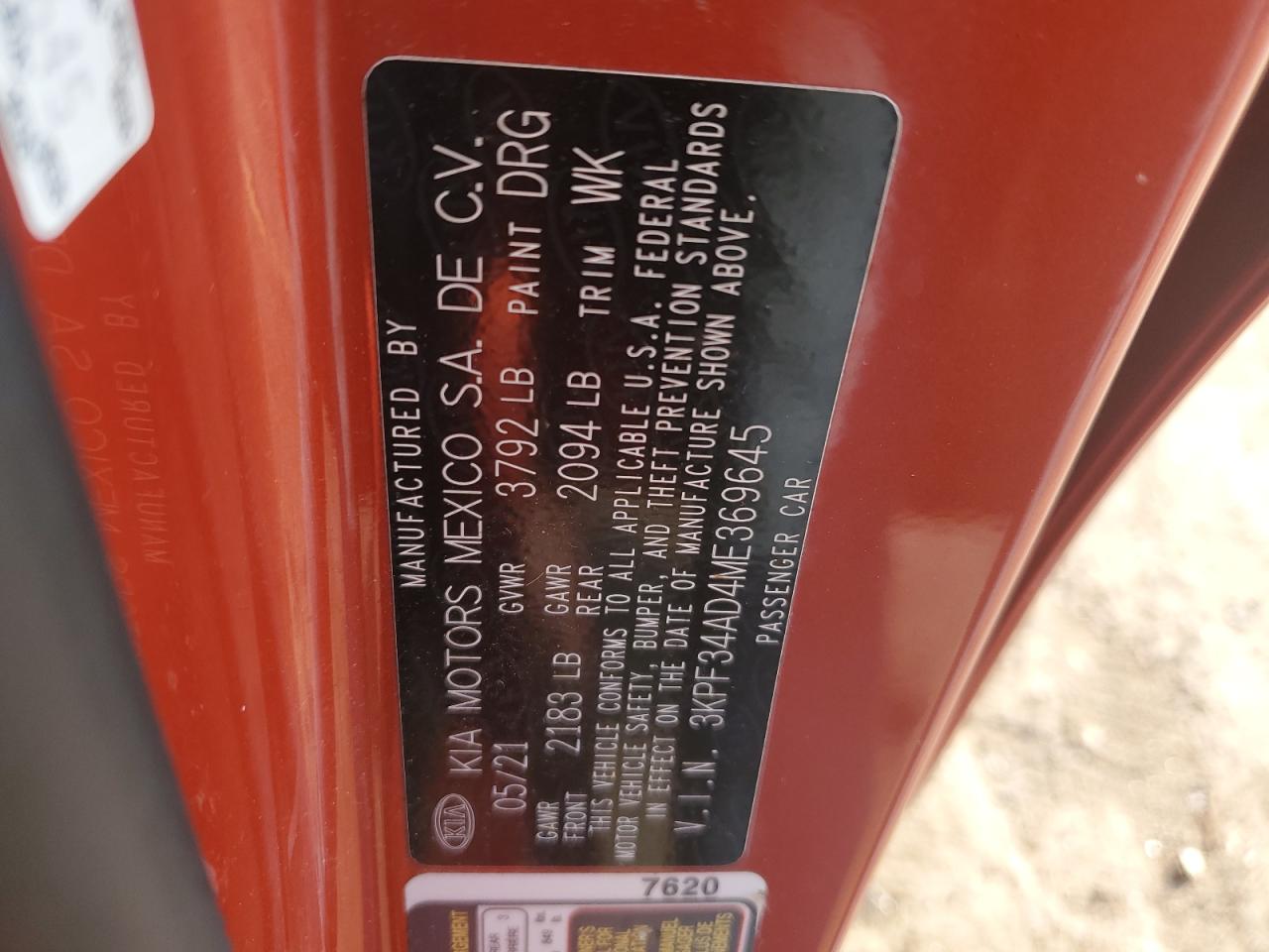 2021 Kia Forte Gt Line VIN: 3KPF34AD4ME369645 Lot: 66785584