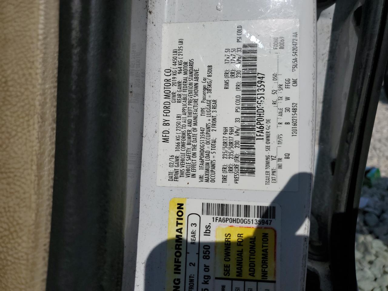 1FA6P0HD0G5135947 2016 Ford Fusion Se