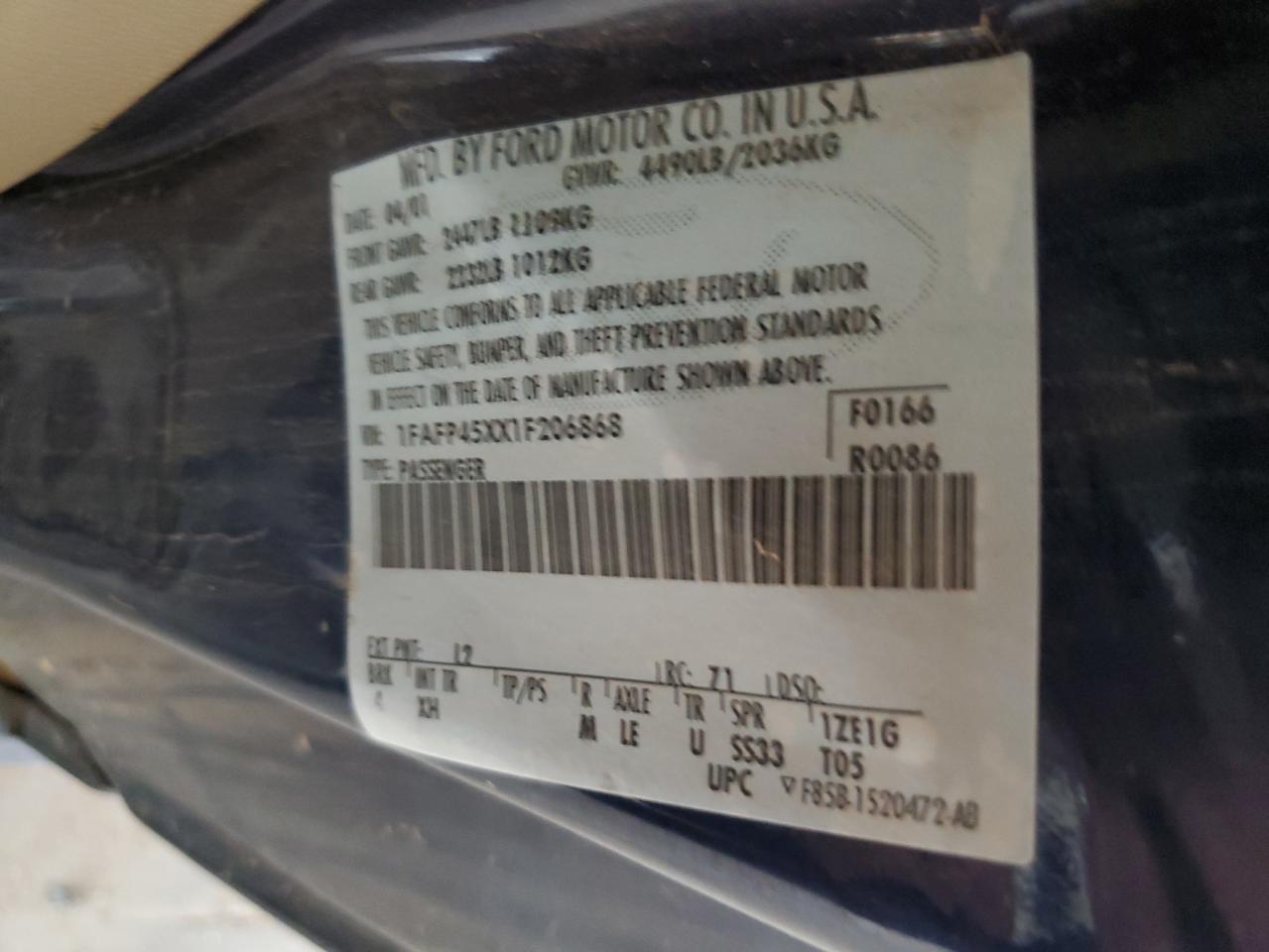 2001 Ford Mustang Gt VIN: 1FAFP45XX1F206868 Lot: 65962674