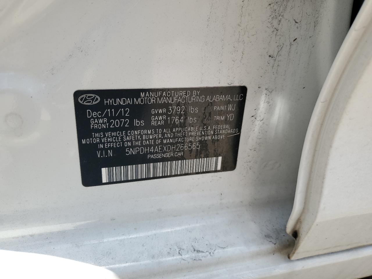 2013 Hyundai Elantra Gls VIN: 5NPDH4AEXDH266565 Lot: 66548214