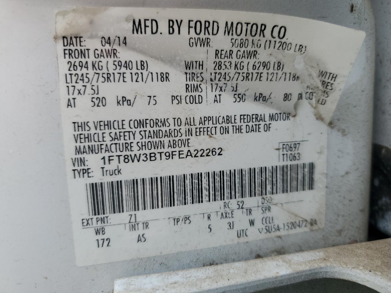 2015 Ford F350 Super Duty VIN: 1FT8W3BT9FEA22262 Lot: 68742534