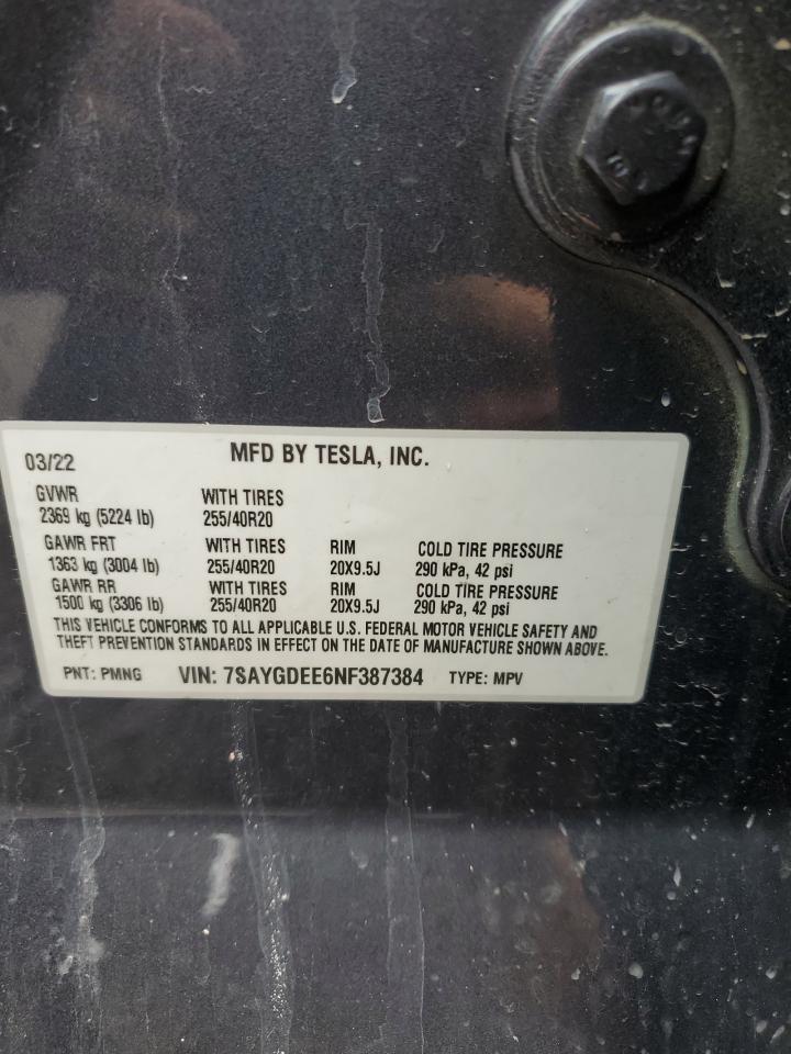 2022 Tesla Model Y VIN: 7SAYGDEE6NF387384 Lot: 65366524