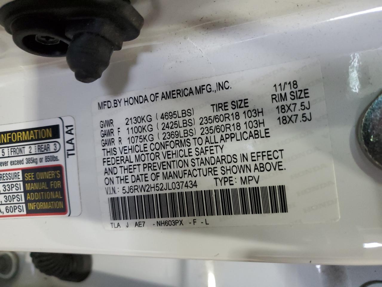 2018 Honda Cr-V Ex VIN: 5J6RW2H52JL037434 Lot: 67314404
