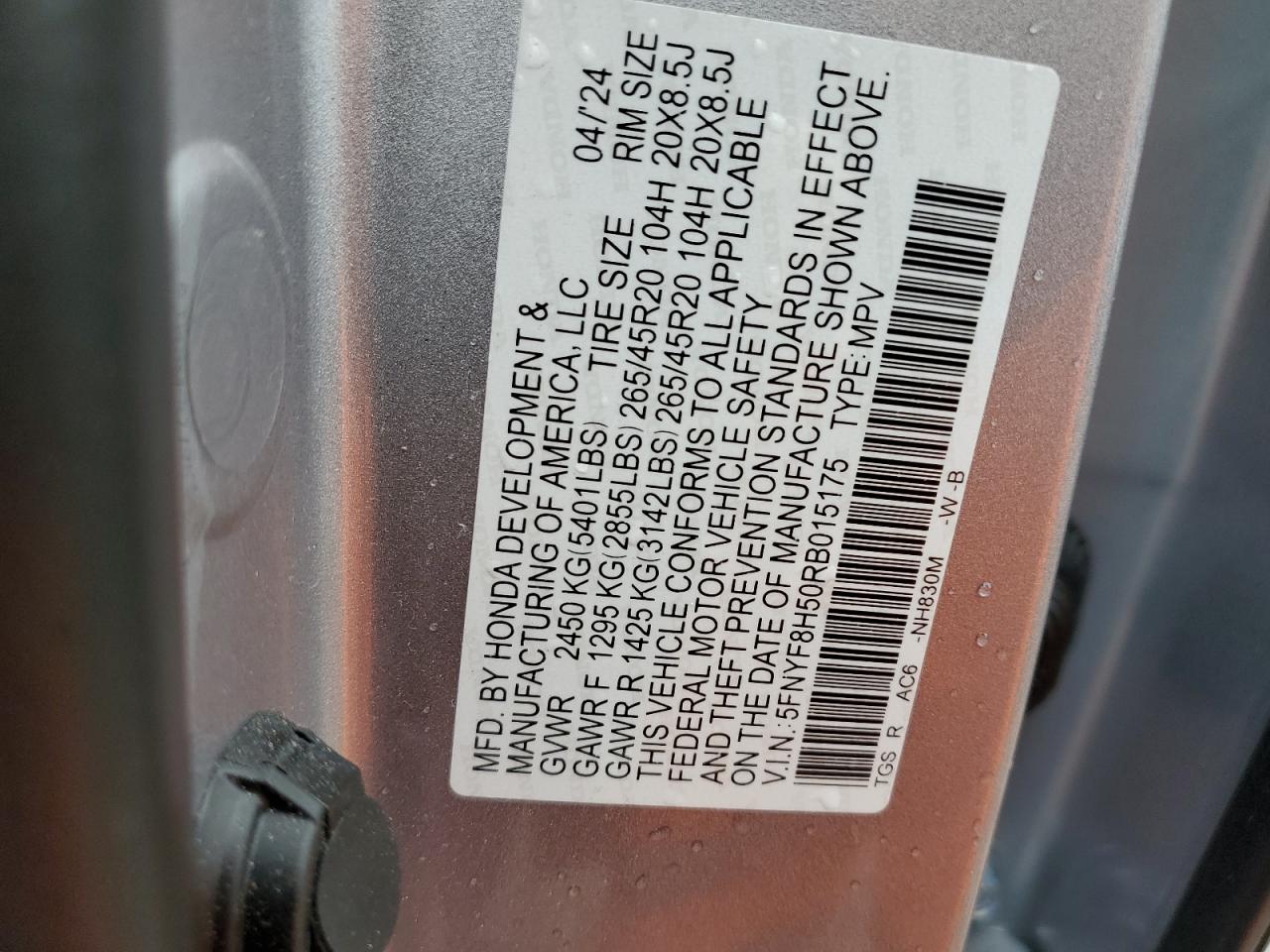 2024 Honda Passport Exl VIN: 5FNYF8H50RB015175 Lot: 67913984