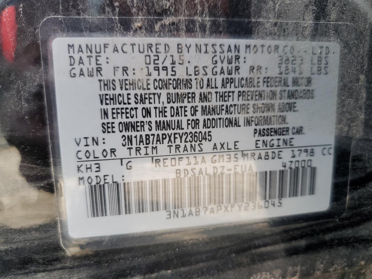 3N1AB7APXFY236045 2015 Nissan Sentra S