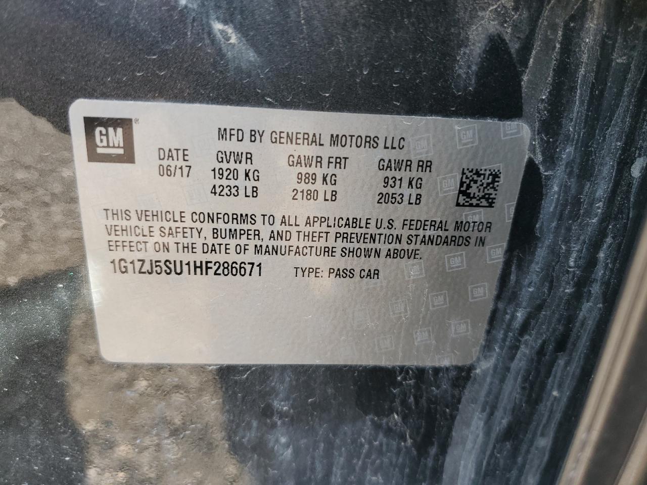 2017 Chevrolet Malibu Hybrid VIN: 1G1ZJ5SU1HF286671 Lot: 66479854