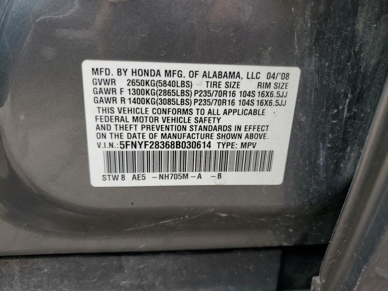 5FNYF28368B030614 2008 Honda Pilot Se