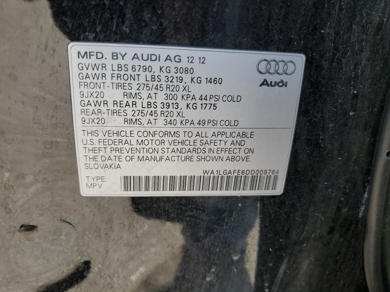 2013 Audi Q7 Premium Plus VIN: WA1LGAFE6DD009764 Lot: 66419814