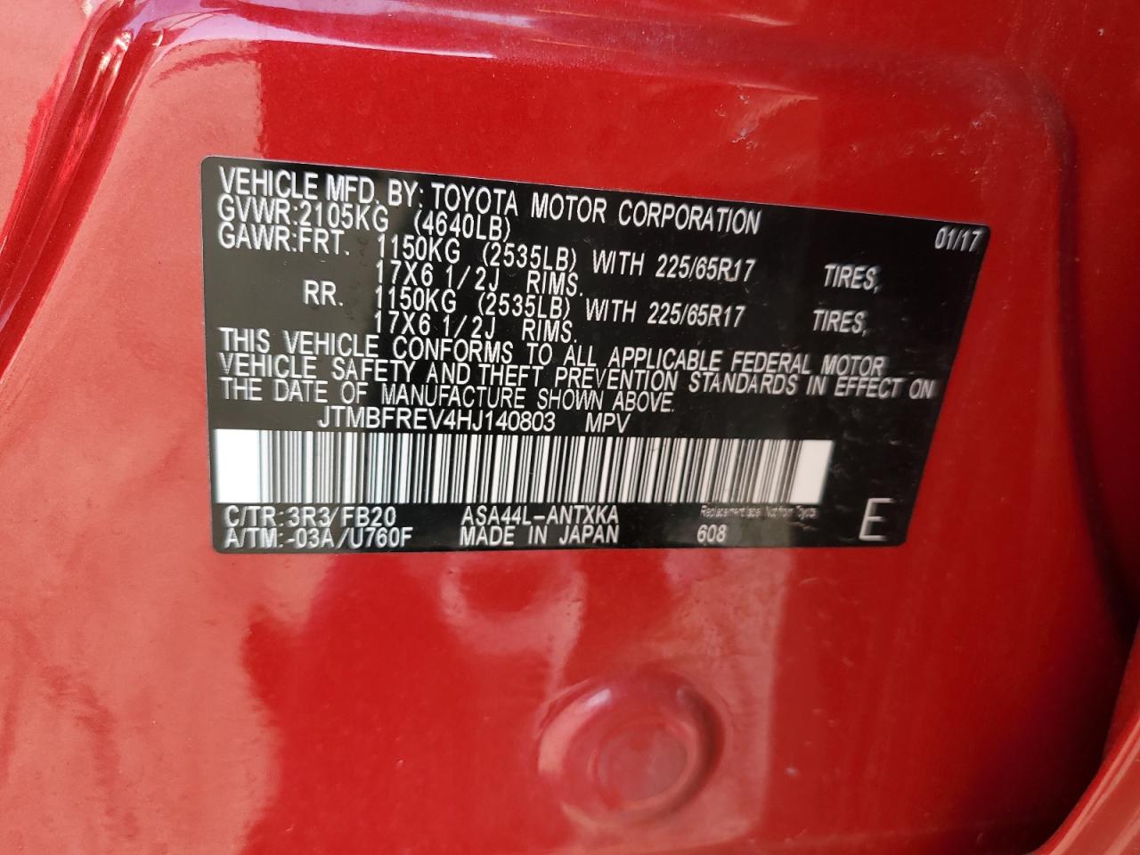 2017 Toyota Rav4 Le VIN: JTMBFREV4HJ140803 Lot: 66102774