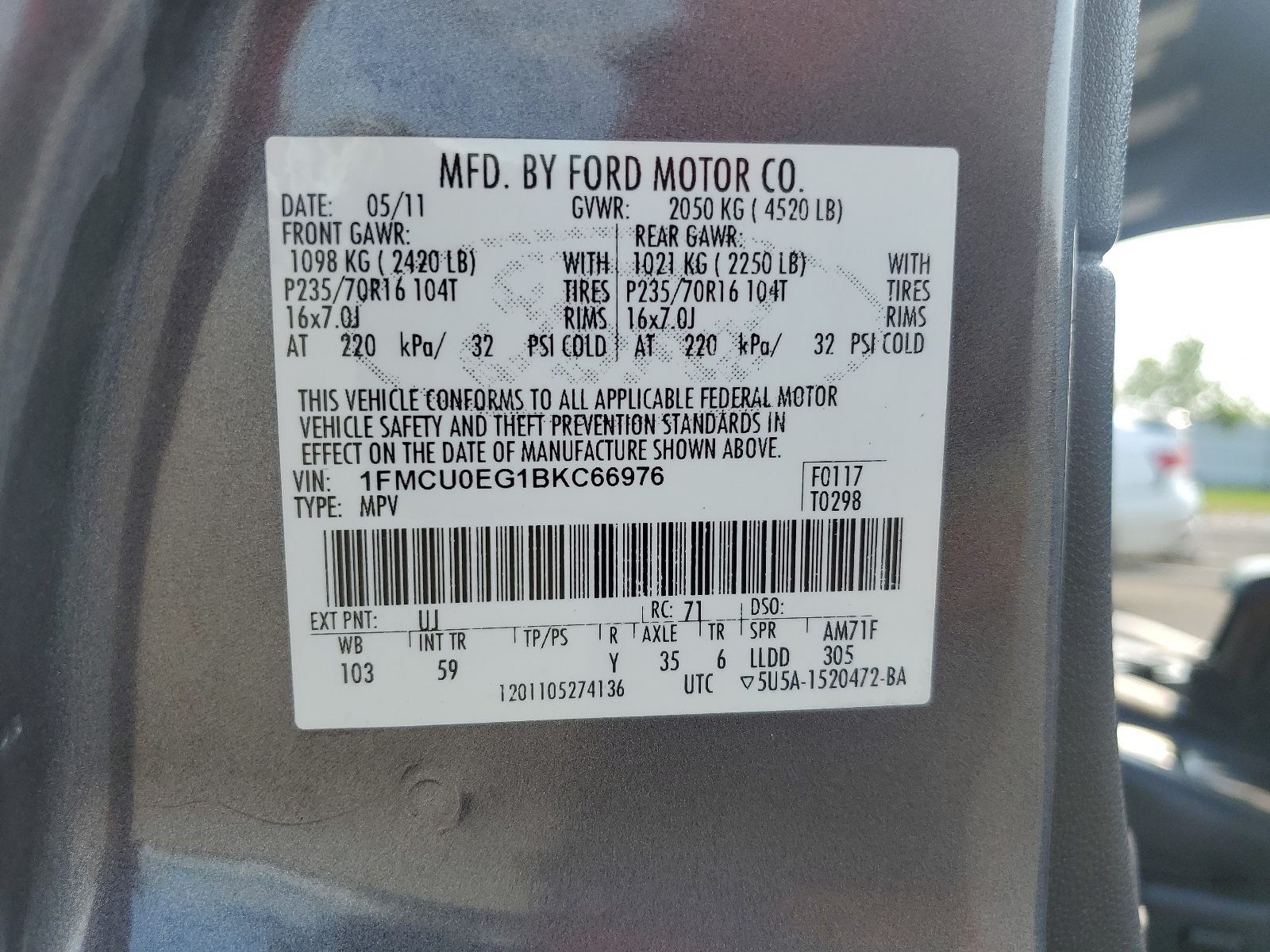 1FMCU0EG1BKC66976 2011 Ford Escape Limited