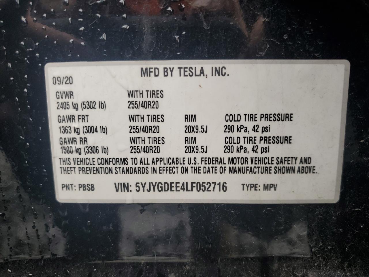 5YJYGDEE4LF052716 2020 Tesla Model Y