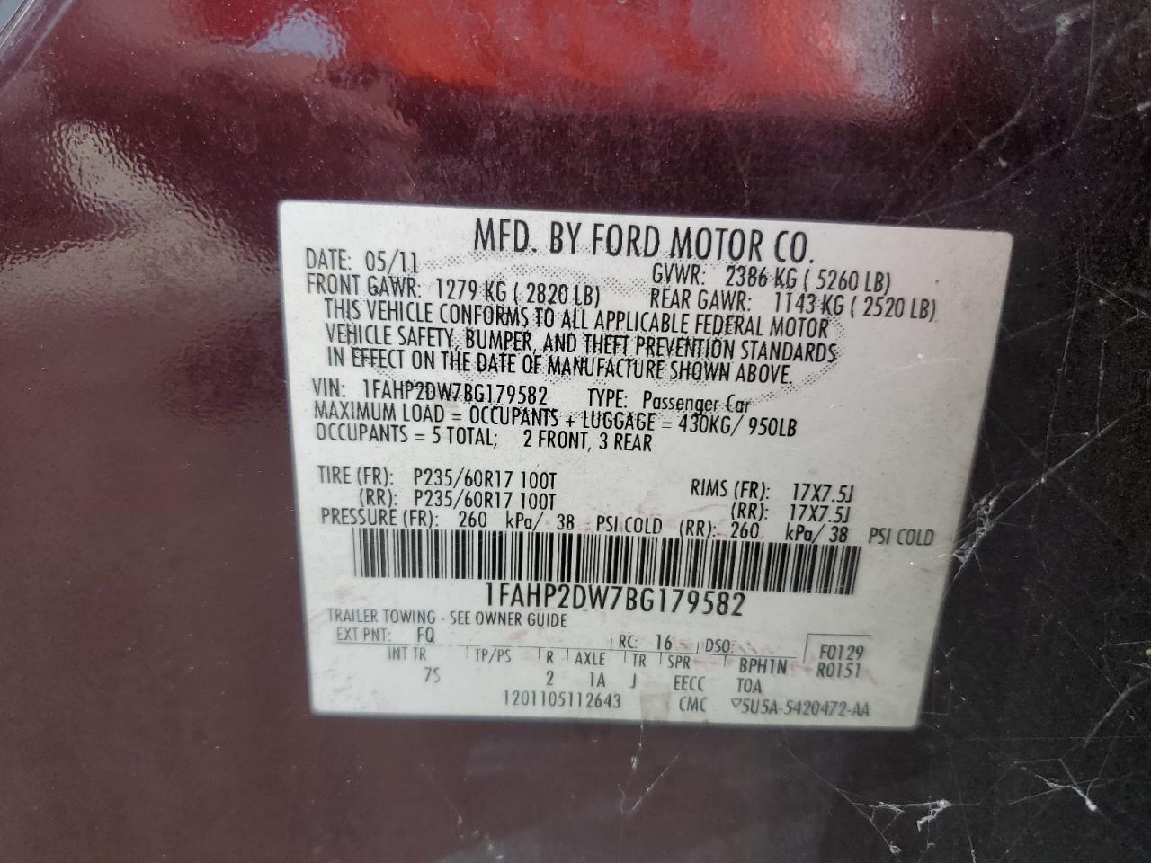 2011 Ford Taurus Se VIN: 1FAHP2DW7BG179582 Lot: 66341154