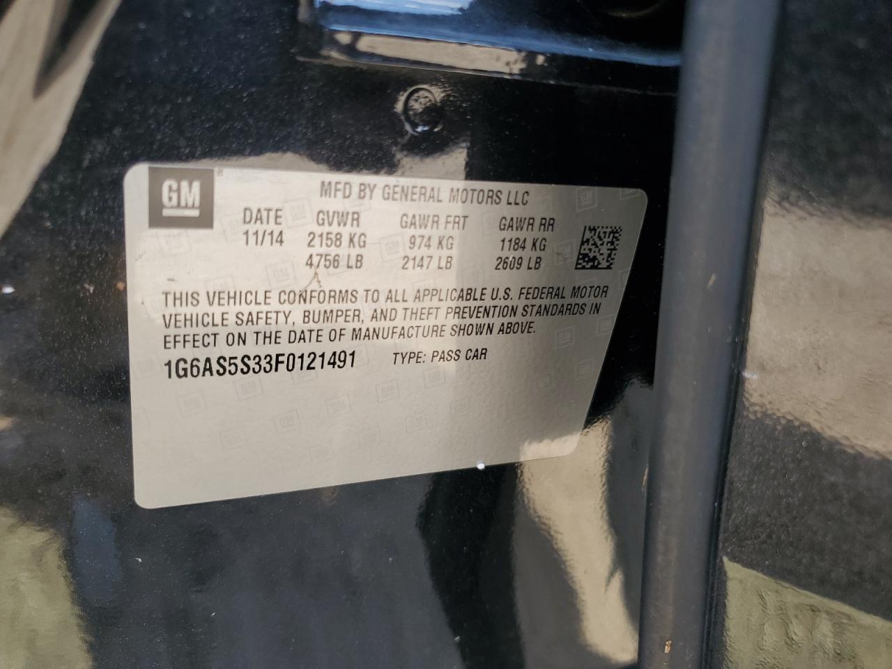 2015 Cadillac Cts Performance Collection VIN: 1G6AS5S33F0121491 Lot: 67784824