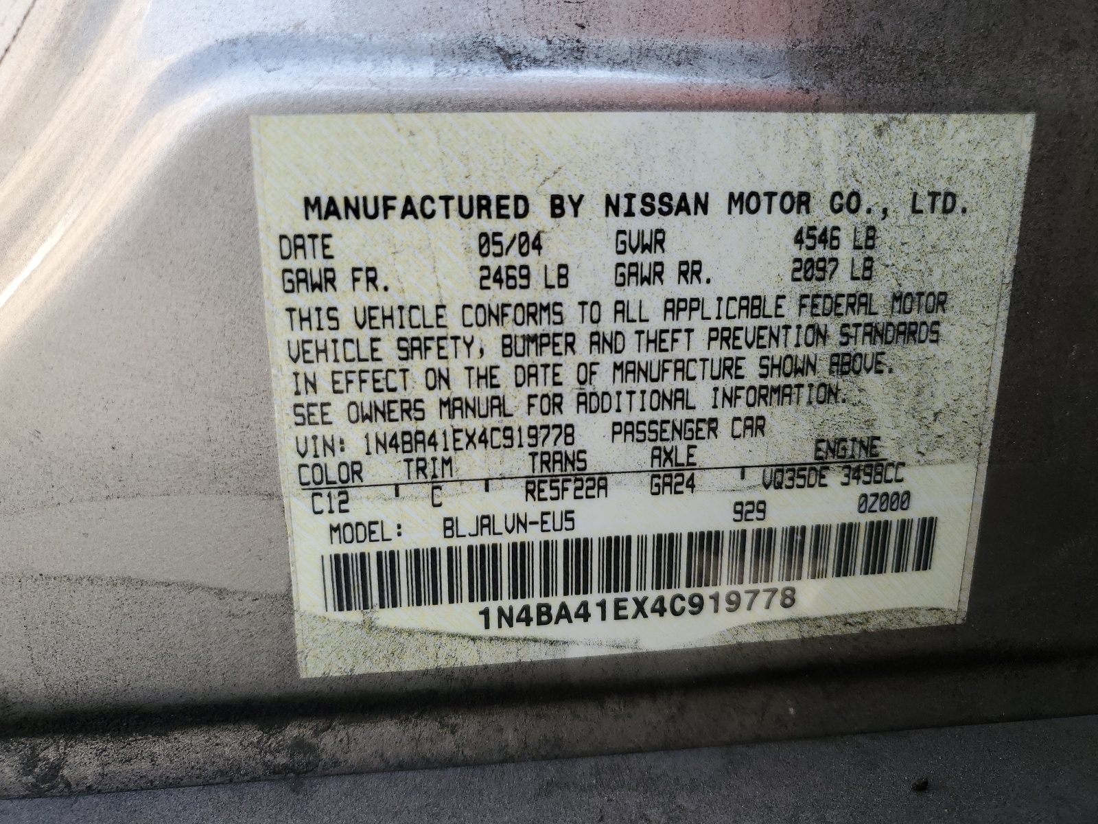 1N4BA41EX4C919778 2004 Nissan Maxima Se