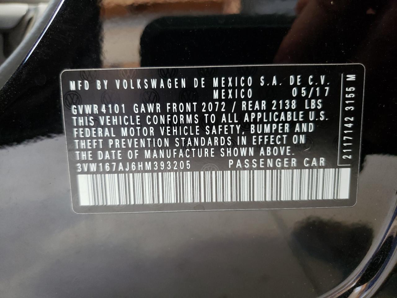 2017 Volkswagen Jetta S VIN: 3VW167AJ6HM393205 Lot: 66180404